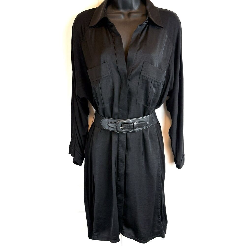 BCBG MAXAZZRIA Medium Black Satin Knit Dress With Belt & Pockets